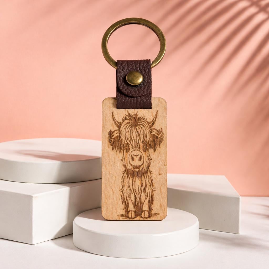 Personalised Wood Keychain Custom Engraved Leather gift