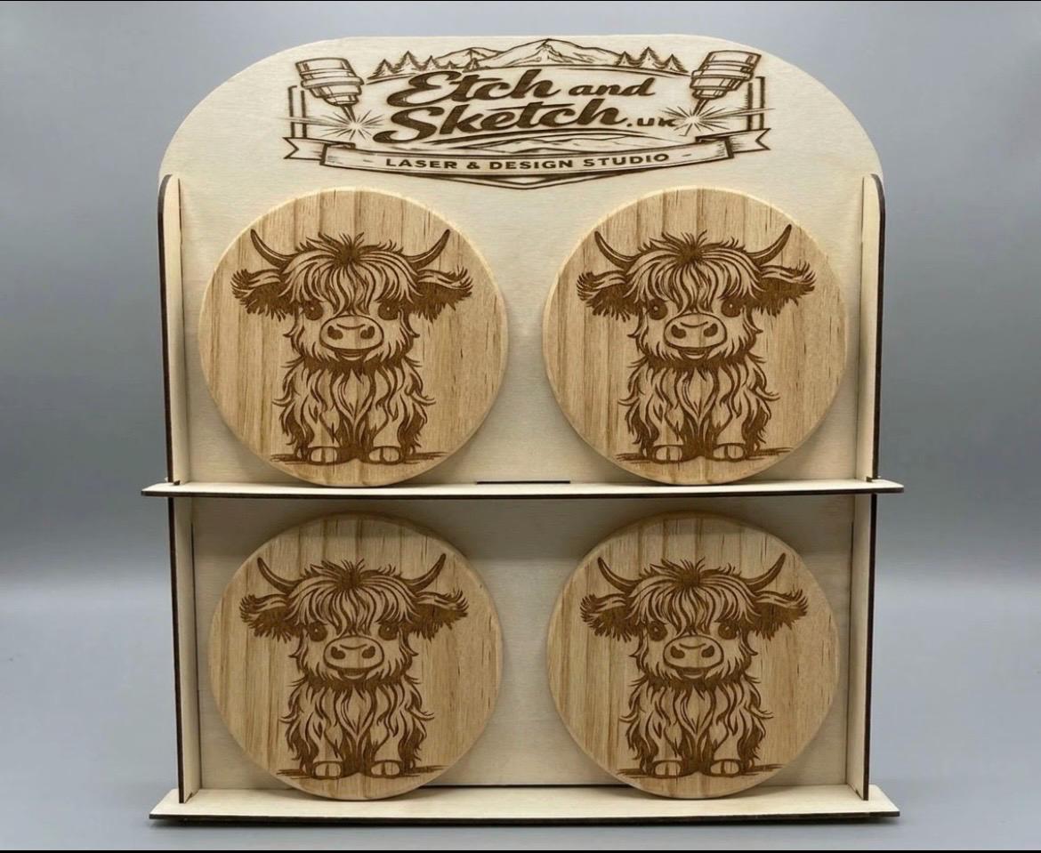 Handmade Engraved Wooden Coasters – Set of 4 | Rustic Personalized Gift | Natural Wood Drink Coasters