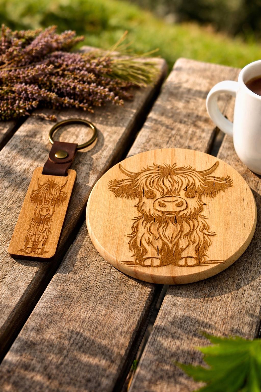 Wooden Coaster and Keyring Set – Rustic Natural Wood Gift