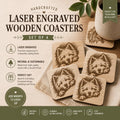 Handmade Engraved Wooden Coasters – Set of 4 | Rustic Personalized Gift | Natural Wood Drink Coasters