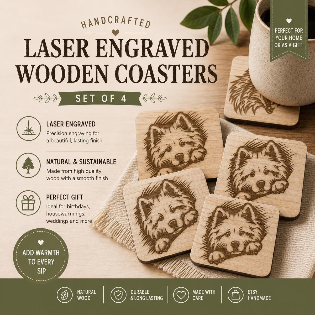Handmade Engraved Wooden Coasters – Set of 4 | Rustic Personalized Gift | Natural Wood Drink Coasters