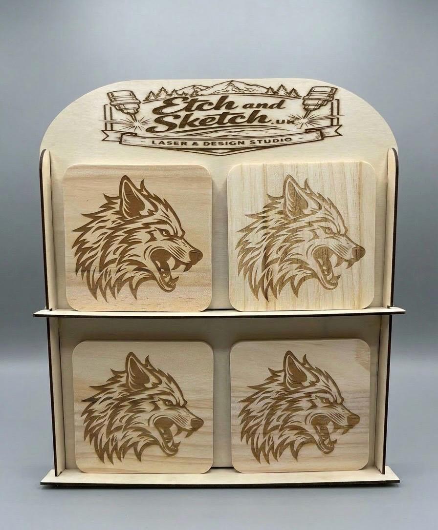 Handmade Engraved Wooden Coasters – Set of 4 | Rustic Personalized Gift | Natural Wood Drink Coasters