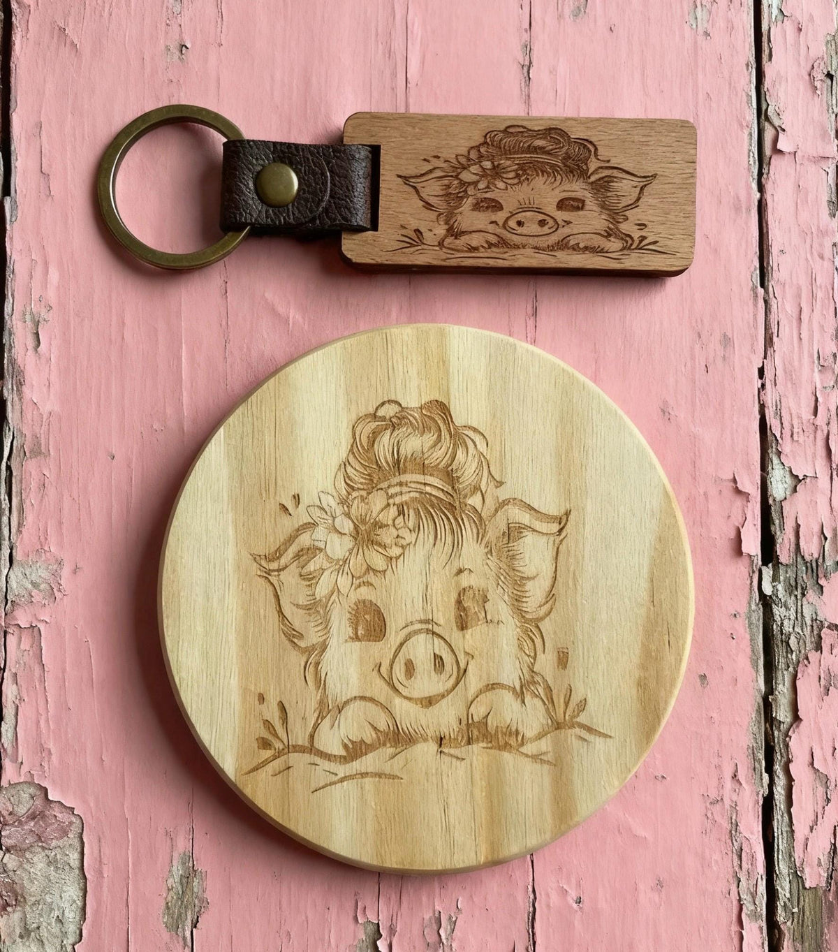 Wooden Coaster and Keyring Set – Rustic Natural Wood Gift