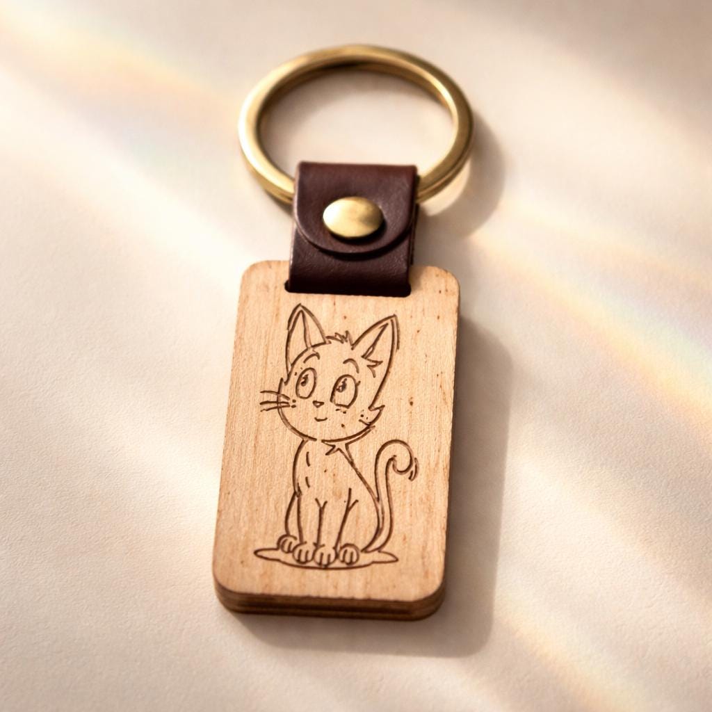 Personalised Wood Keychain Custom Engraved Leather gift